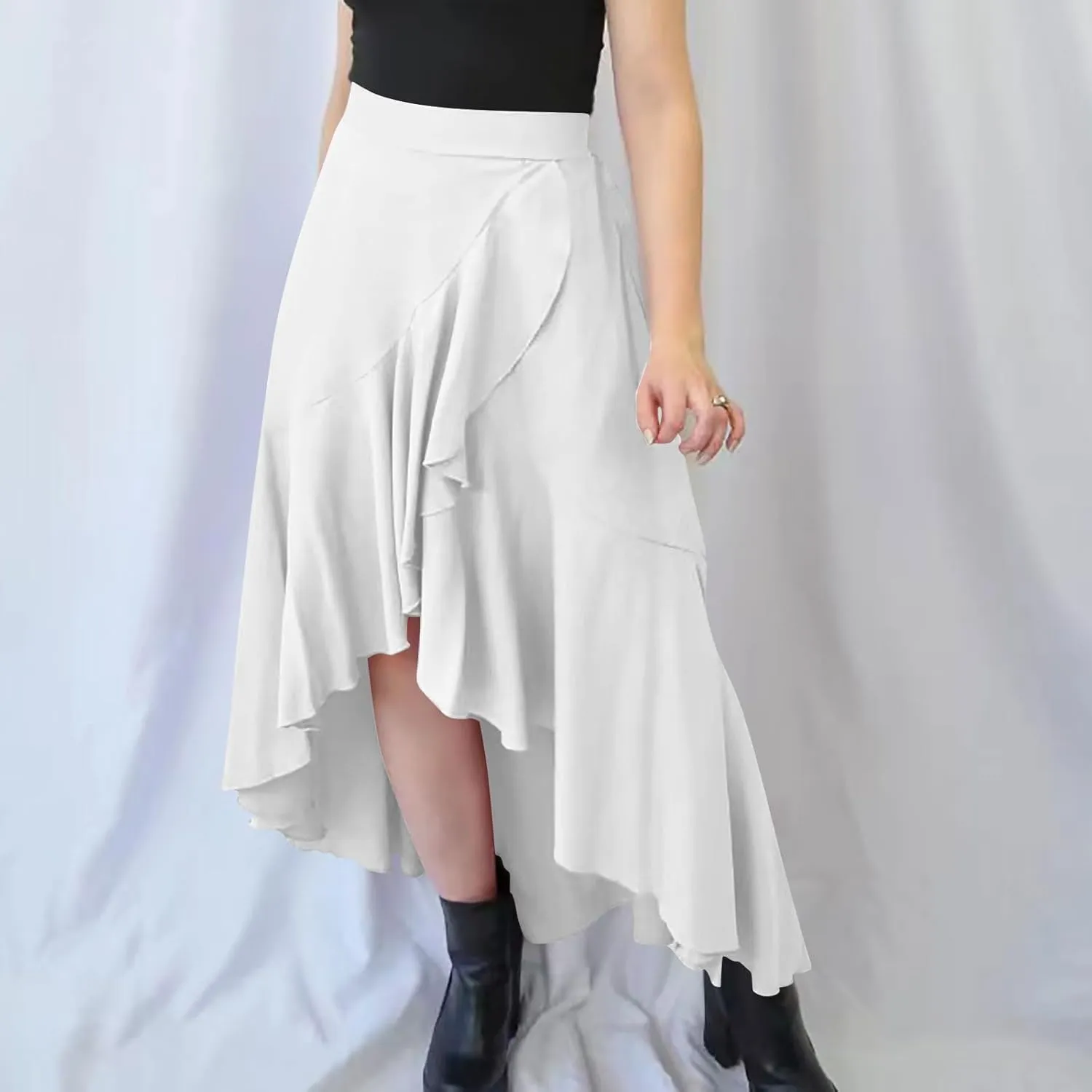 JOAU High Waist Wrap Irregular Flowy Ruffle Skirts for Women Trendy Summer High Low Slit Front A-line Midi Skirt