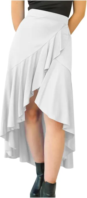 JOAU High Waist Wrap Irregular Flowy Ruffle Skirts for Women Trendy Summer High Low Slit Front A-line Midi Skirt