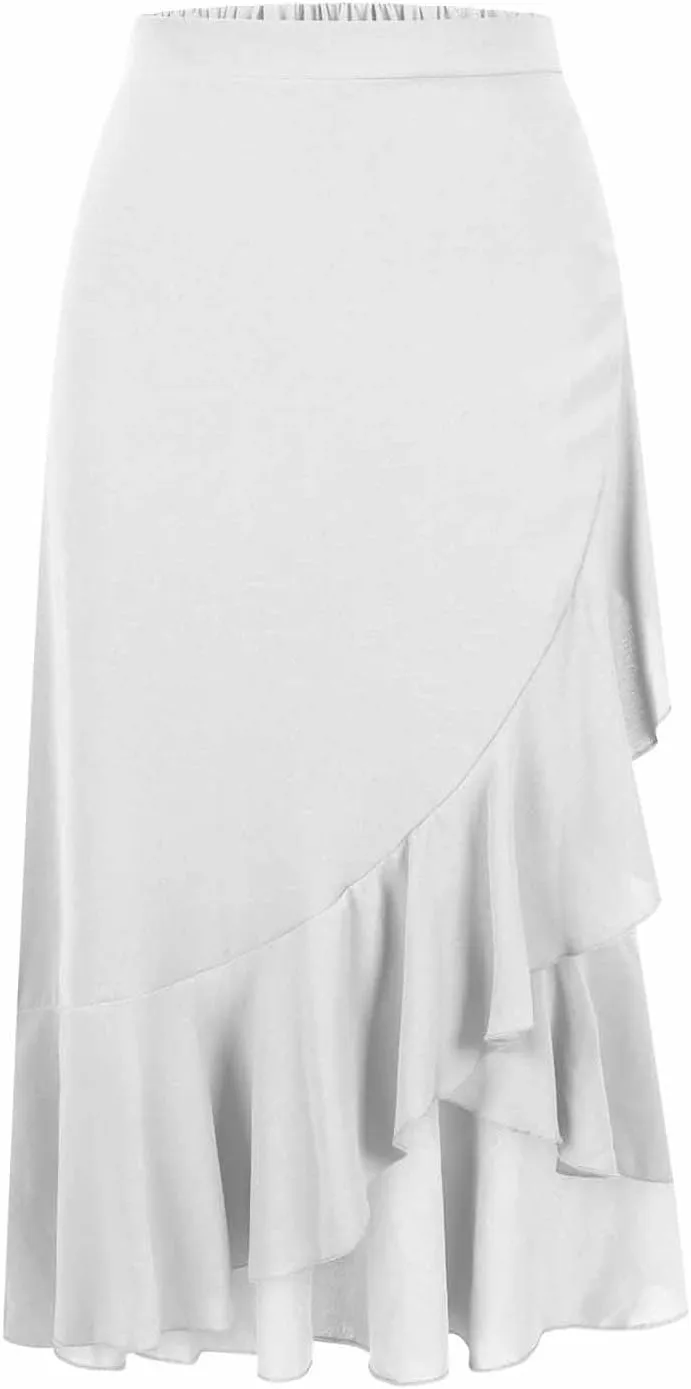 JOAU High Waist Wrap Irregular Flowy Ruffle Skirts for Women Trendy Summer High Low Slit Front A-line Midi Skirt