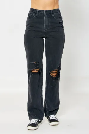 Judy Blue High Rise Rigid Magic 90's Distressed Straight Jeans in Black 88737