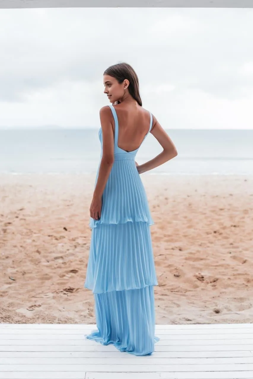 kamahe A-line Wide Straps Blue Sleeveless Floor Length Prom Dress,Blue Bridesmaid Dress