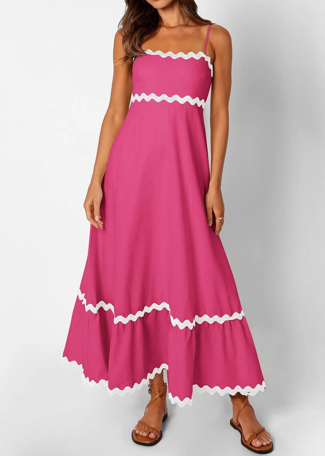 KIRUNDO Womens Summer Dresses 2025 Boho Spaghetti Strap Sleeveless Smocked Rickrack Trim Flowy Beach Vacation Midi Sundress