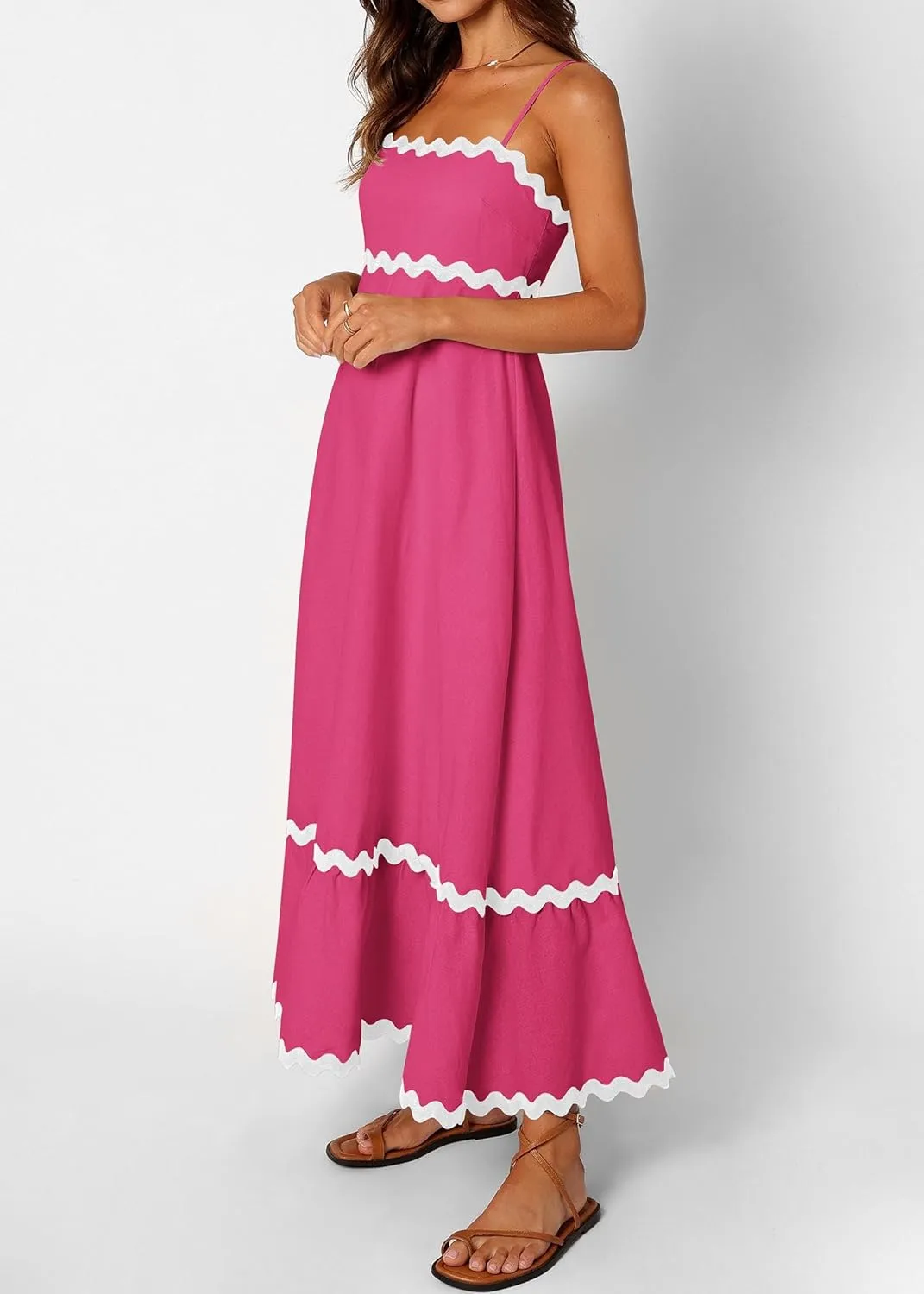 KIRUNDO Womens Summer Dresses 2025 Boho Spaghetti Strap Sleeveless Smocked Rickrack Trim Flowy Beach Vacation Midi Sundress