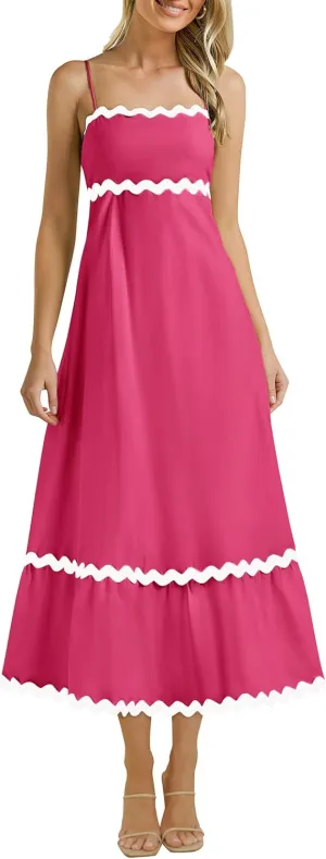 KIRUNDO Womens Summer Dresses 2025 Boho Spaghetti Strap Sleeveless Smocked Rickrack Trim Flowy Beach Vacation Midi Sundress