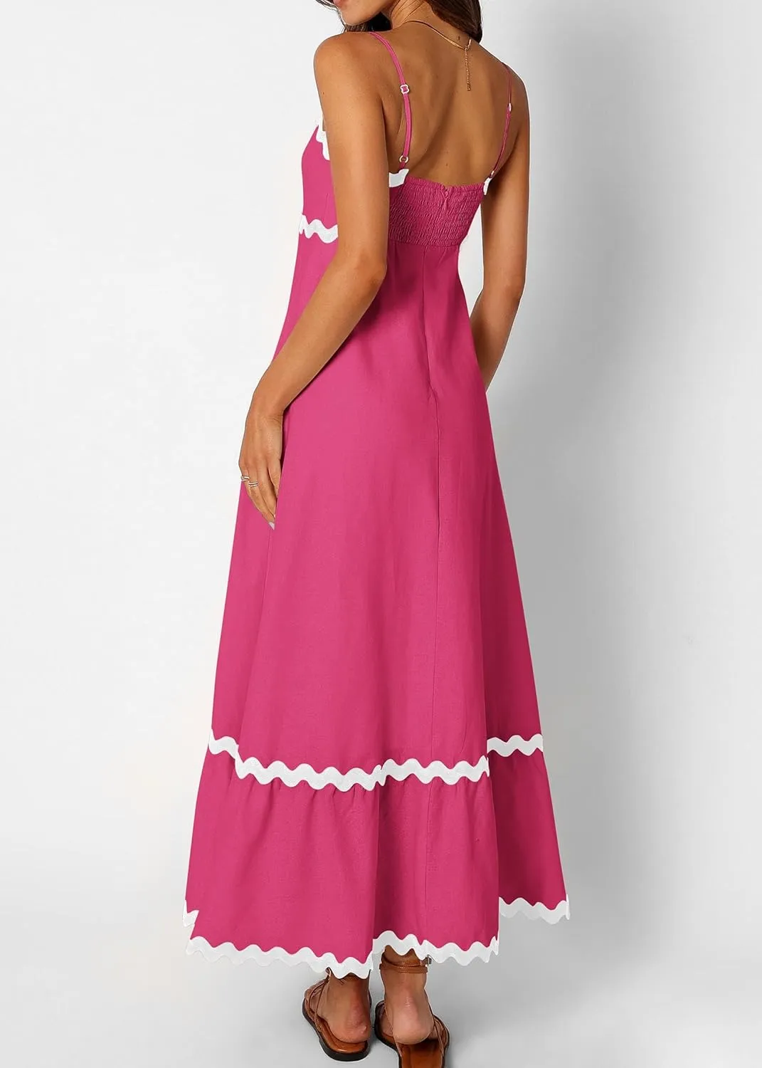 KIRUNDO Womens Summer Dresses 2025 Boho Spaghetti Strap Sleeveless Smocked Rickrack Trim Flowy Beach Vacation Midi Sundress