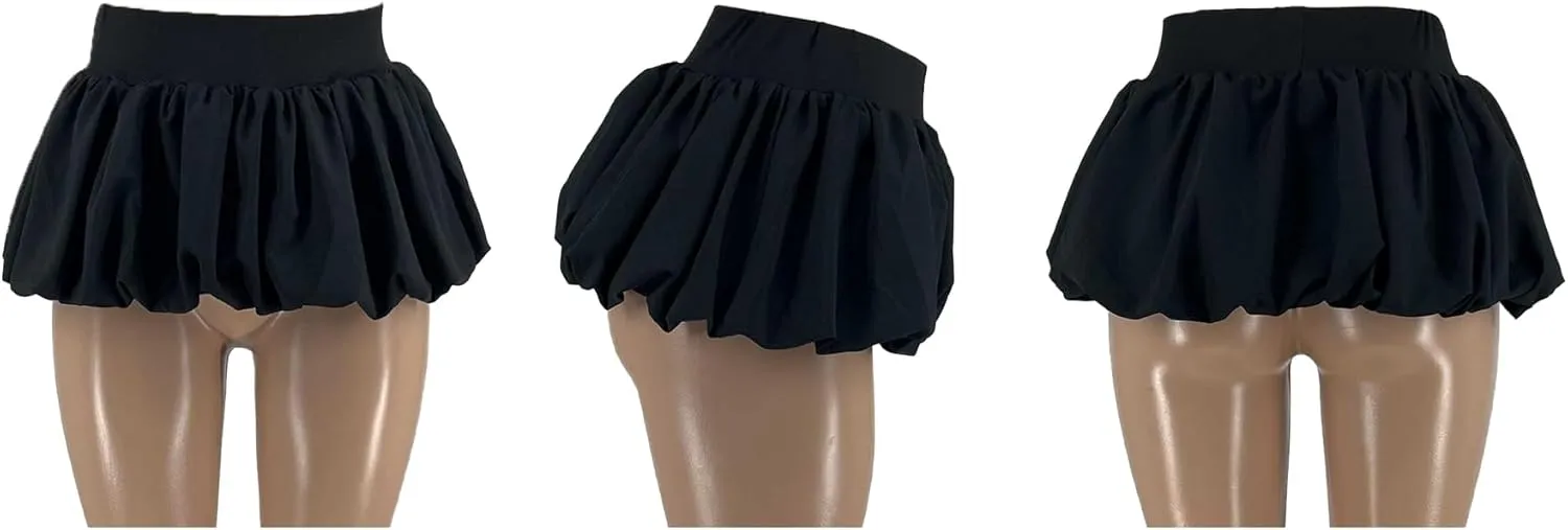 LETSVDO Women's Bubble Mini Skirt Y2k Puffy Pleated Ruffle Elastic Waist A Line Flare Balloon Cute Summer Short Skirts