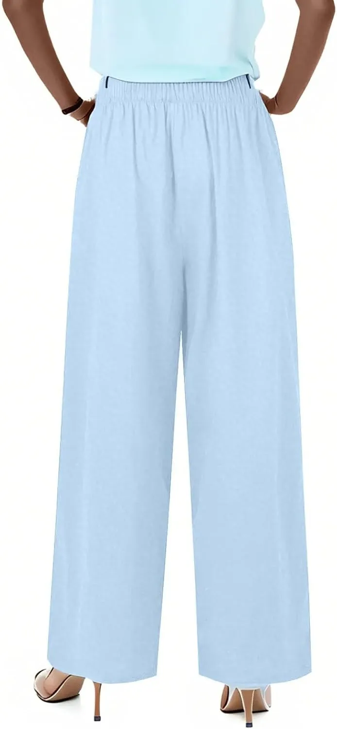 Linen Pants Women,Casual Pants Trendy Wide Leg High Waisted Cotton Linen Drawstring Summer Trouser with Pockets