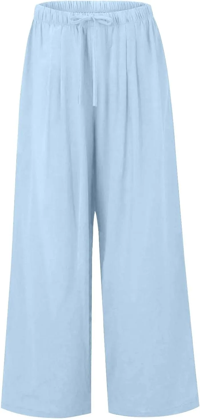 Linen Pants Women,Casual Pants Trendy Wide Leg High Waisted Cotton Linen Drawstring Summer Trouser with Pockets