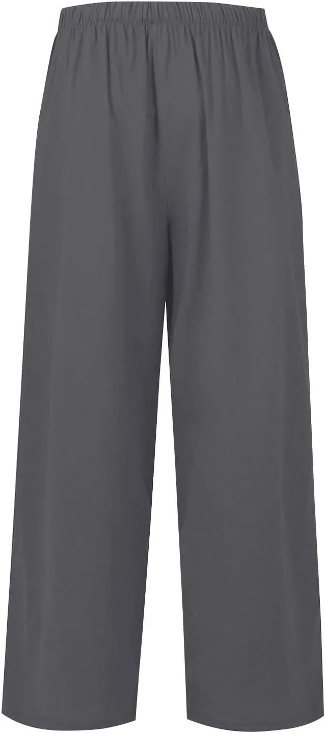 Linen Pants Women,Casual Pants Trendy Wide Leg High Waisted Cotton Linen Drawstring Summer Trouser with Pockets