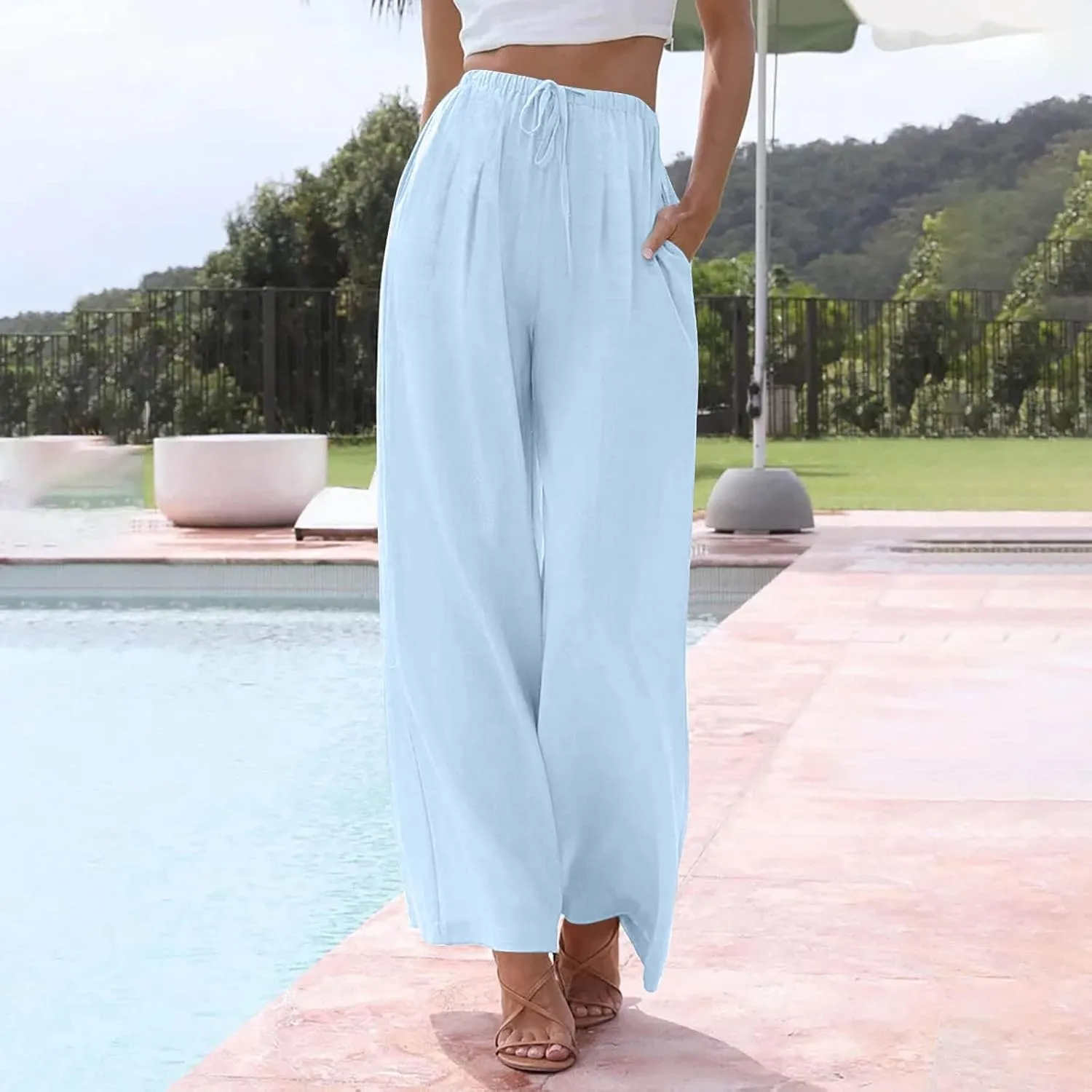 Linen Pants Women,Casual Pants Trendy Wide Leg High Waisted Cotton Linen Drawstring Summer Trouser with Pockets