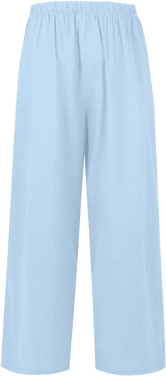 Linen Pants Women,Casual Pants Trendy Wide Leg High Waisted Cotton Linen Drawstring Summer Trouser with Pockets