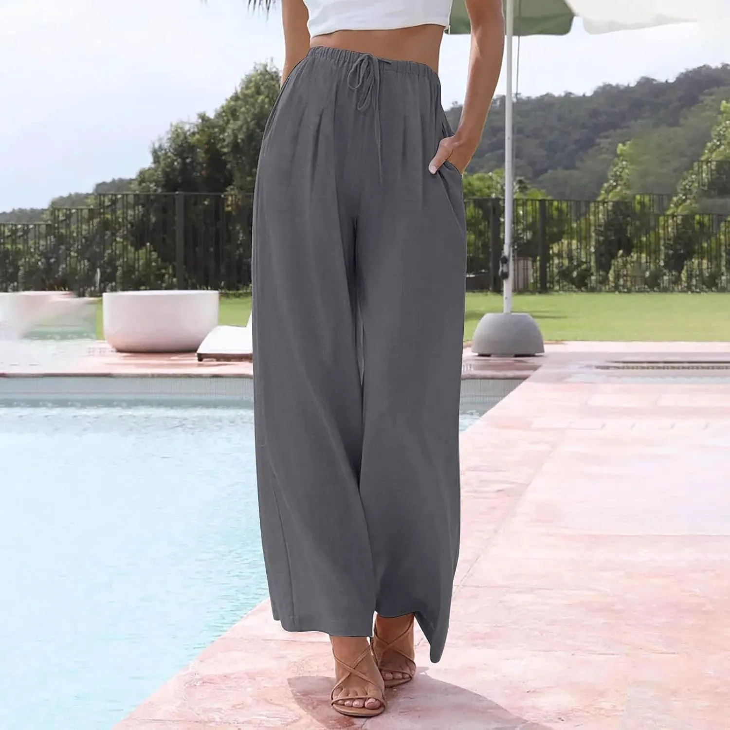Linen Pants Women,Casual Pants Trendy Wide Leg High Waisted Cotton Linen Drawstring Summer Trouser with Pockets