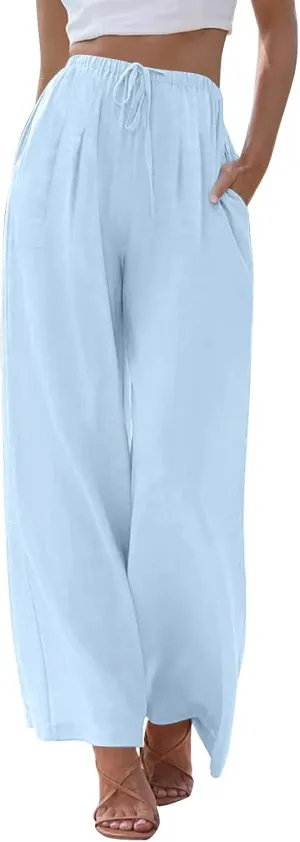 Linen Pants Women,Casual Pants Trendy Wide Leg High Waisted Cotton Linen Drawstring Summer Trouser with Pockets