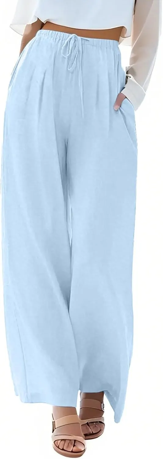 Linen Pants Women,Casual Pants Trendy Wide Leg High Waisted Cotton Linen Drawstring Summer Trouser with Pockets
