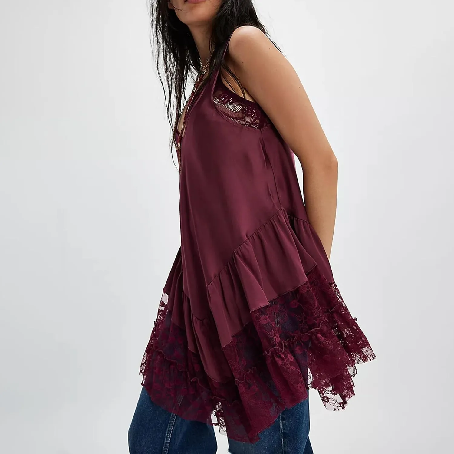 Luckinbaby Women Y2k Mini Dress Lace Flowy Short Tank Dress Backless Ruffle Spaghetti Strap Sleeveless Slip Under Dress