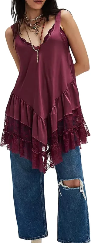 Luckinbaby Women Y2k Mini Dress Lace Flowy Short Tank Dress Backless Ruffle Spaghetti Strap Sleeveless Slip Under Dress