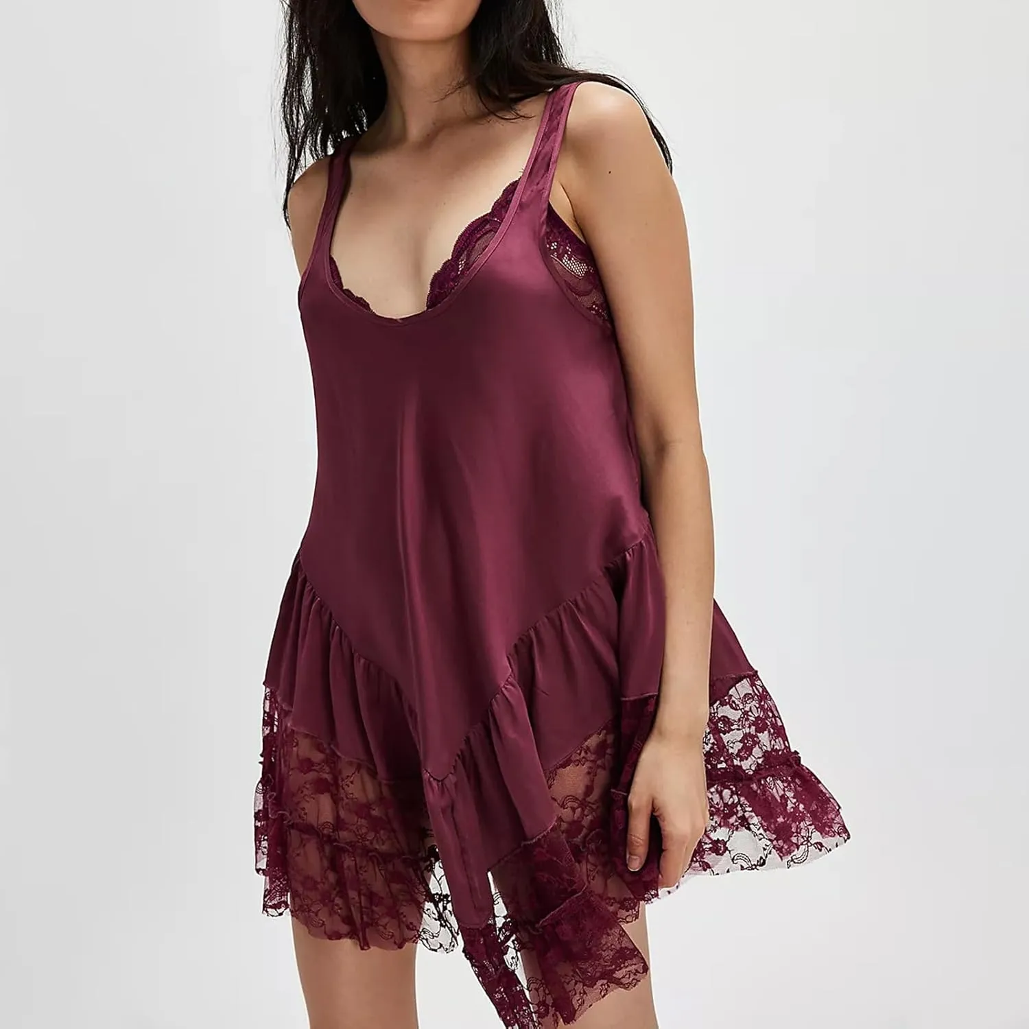 Luckinbaby Women Y2k Mini Dress Lace Flowy Short Tank Dress Backless Ruffle Spaghetti Strap Sleeveless Slip Under Dress