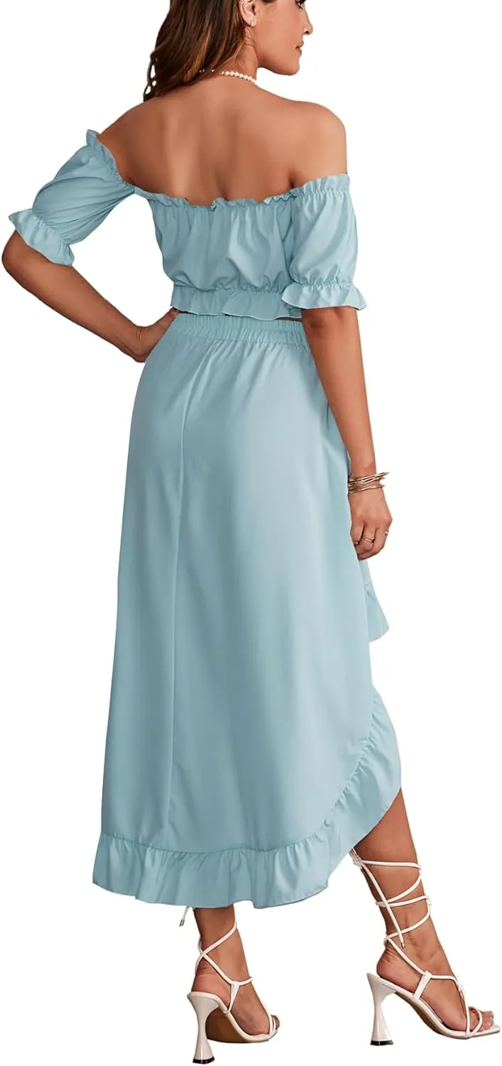LYANER Women's Two Pieces Outfits Off Shoulder Crop Top and High Low Skirt Set