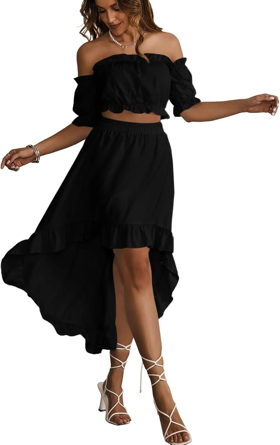 LYANER Women's Two Pieces Outfits Off Shoulder Crop Top and High Low Skirt Set
