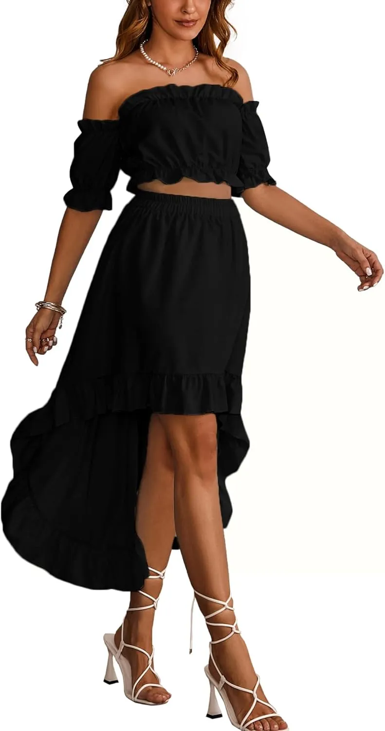 LYANER Women's Two Pieces Outfits Off Shoulder Crop Top and High Low Skirt Set