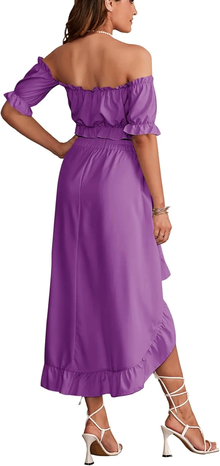 LYANER Women's Two Pieces Outfits Off Shoulder Crop Top and High Low Skirt Set