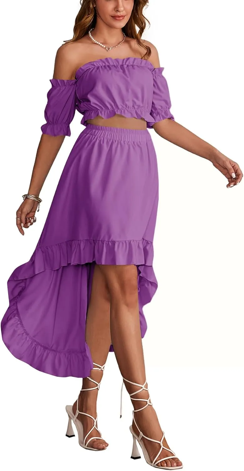 LYANER Women's Two Pieces Outfits Off Shoulder Crop Top and High Low Skirt Set