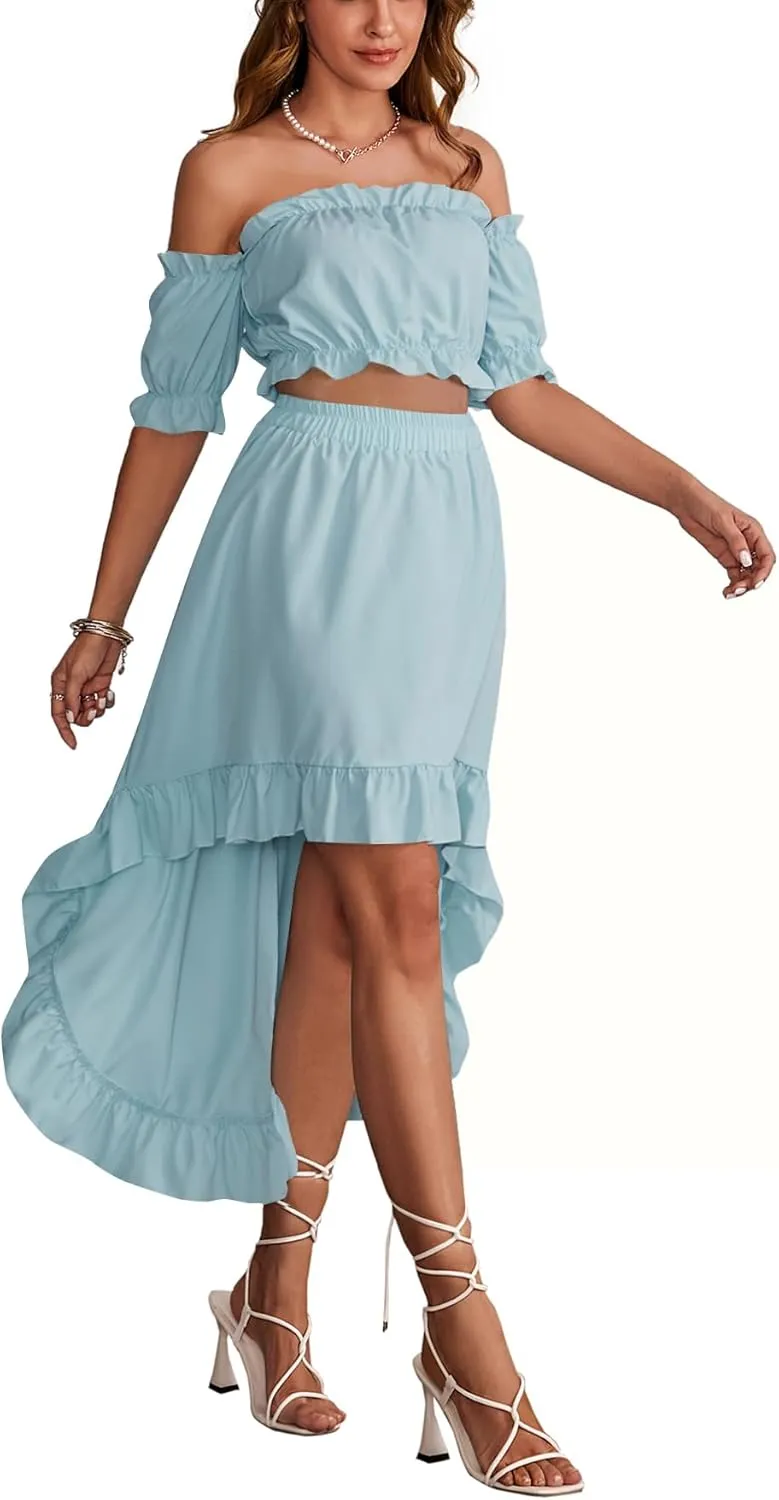 LYANER Women's Two Pieces Outfits Off Shoulder Crop Top and High Low Skirt Set