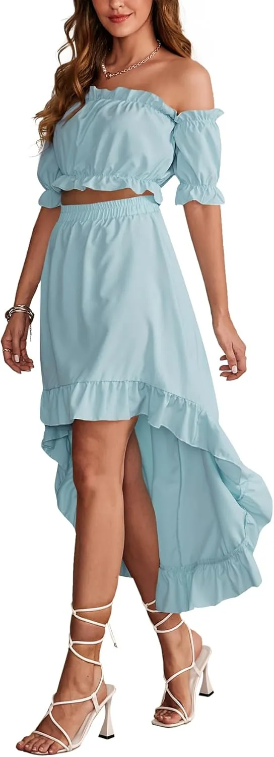 LYANER Women's Two Pieces Outfits Off Shoulder Crop Top and High Low Skirt Set