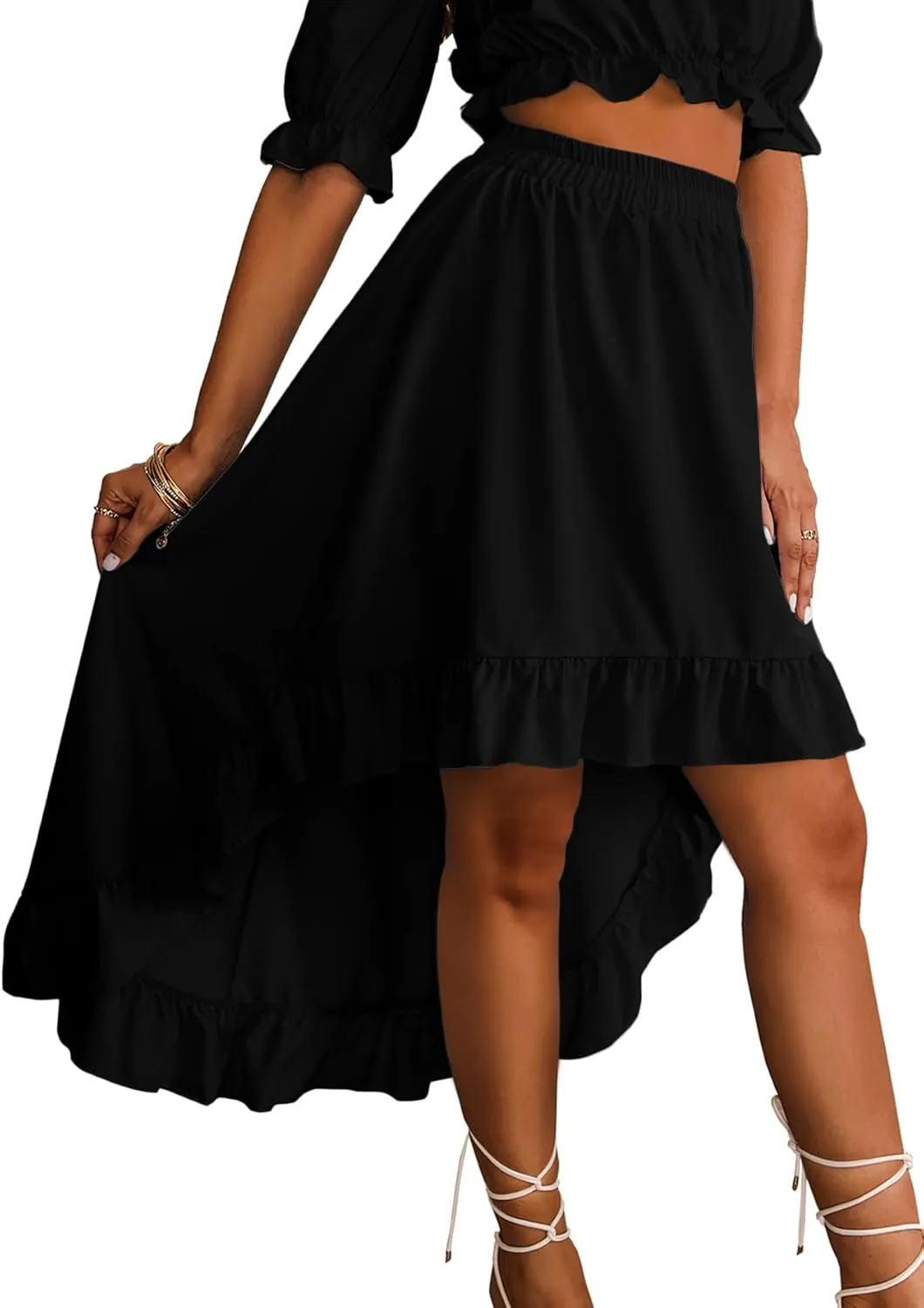 LYANER Women's Two Pieces Outfits Off Shoulder Crop Top and High Low Skirt Set