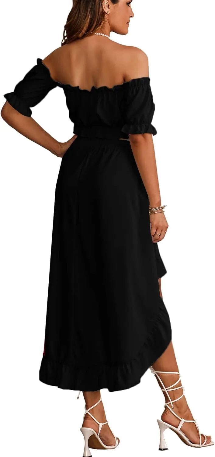 LYANER Women's Two Pieces Outfits Off Shoulder Crop Top and High Low Skirt Set