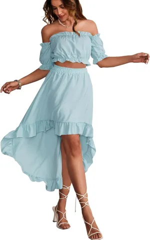 LYANER Women's Two Pieces Outfits Off Shoulder Crop Top and High Low Skirt Set