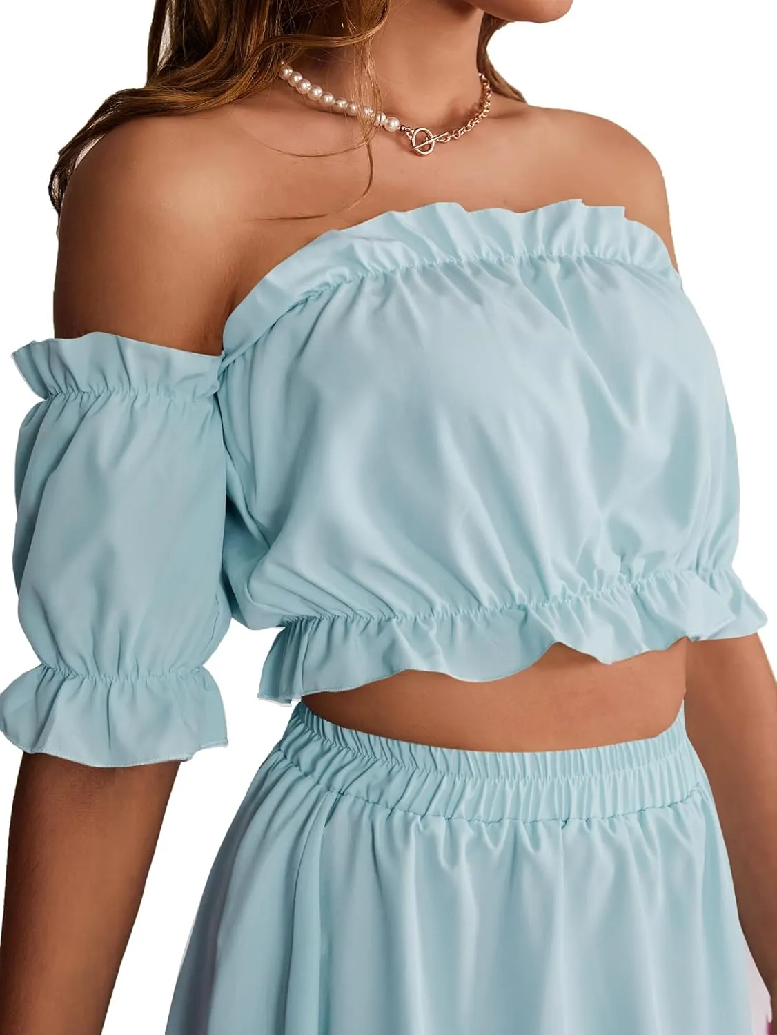 LYANER Women's Two Pieces Outfits Off Shoulder Crop Top and High Low Skirt Set