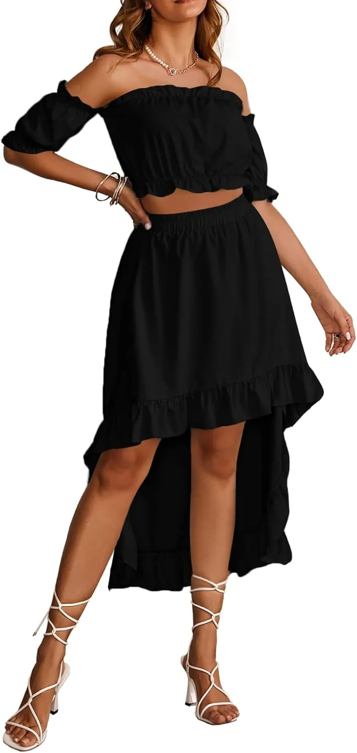 LYANER Women's Two Pieces Outfits Off Shoulder Crop Top and High Low Skirt Set