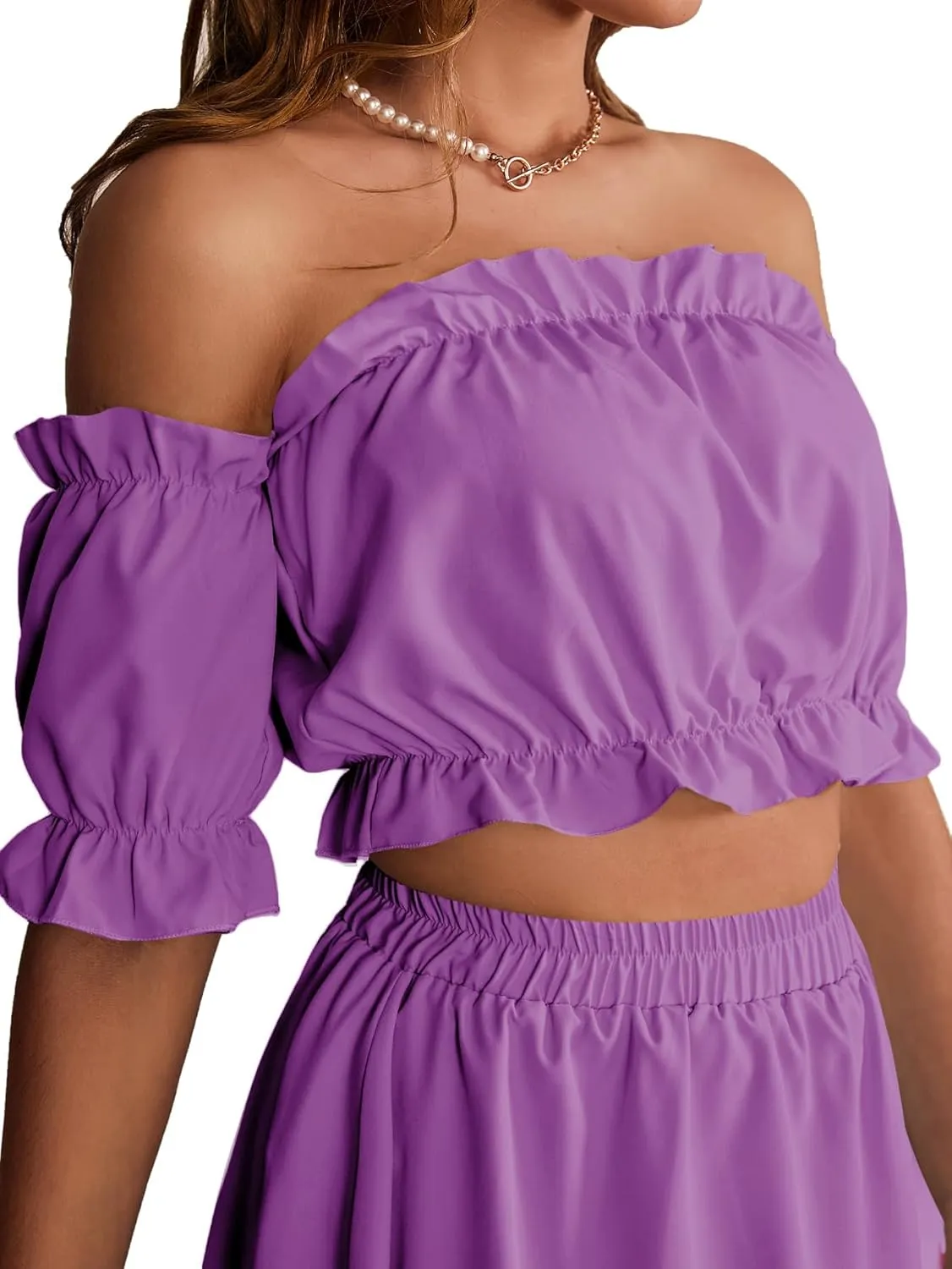 LYANER Women's Two Pieces Outfits Off Shoulder Crop Top and High Low Skirt Set