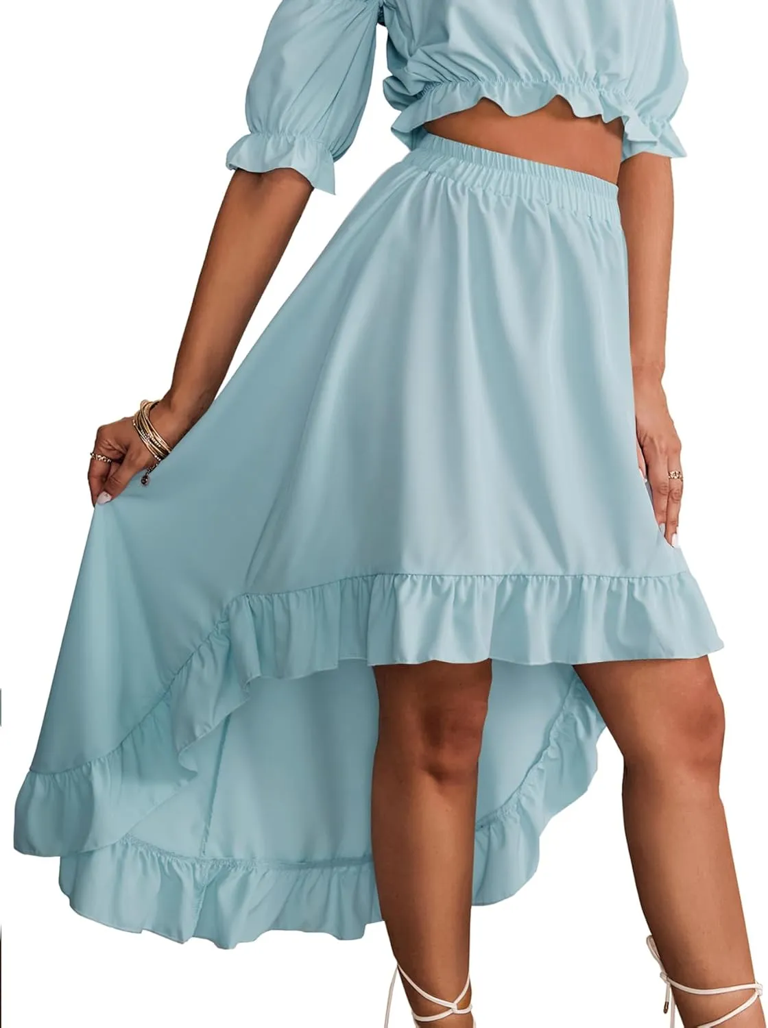 LYANER Women's Two Pieces Outfits Off Shoulder Crop Top and High Low Skirt Set