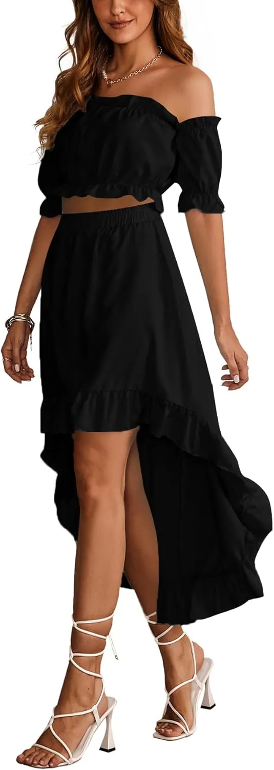 LYANER Women's Two Pieces Outfits Off Shoulder Crop Top and High Low Skirt Set