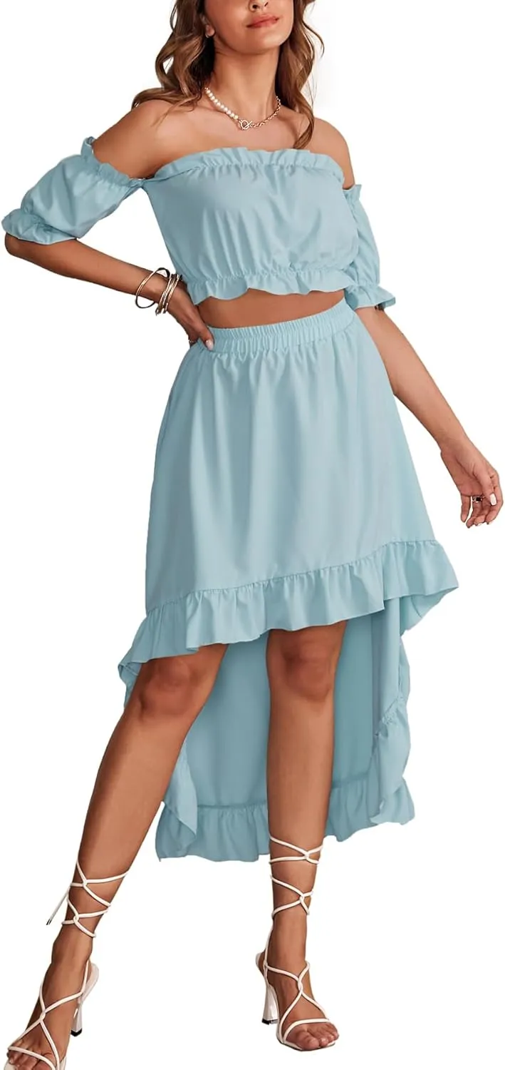 LYANER Women's Two Pieces Outfits Off Shoulder Crop Top and High Low Skirt Set