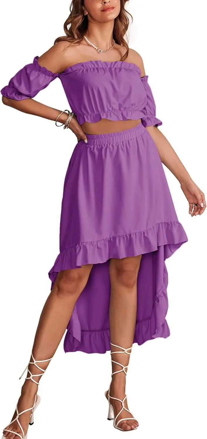 LYANER Women's Two Pieces Outfits Off Shoulder Crop Top and High Low Skirt Set