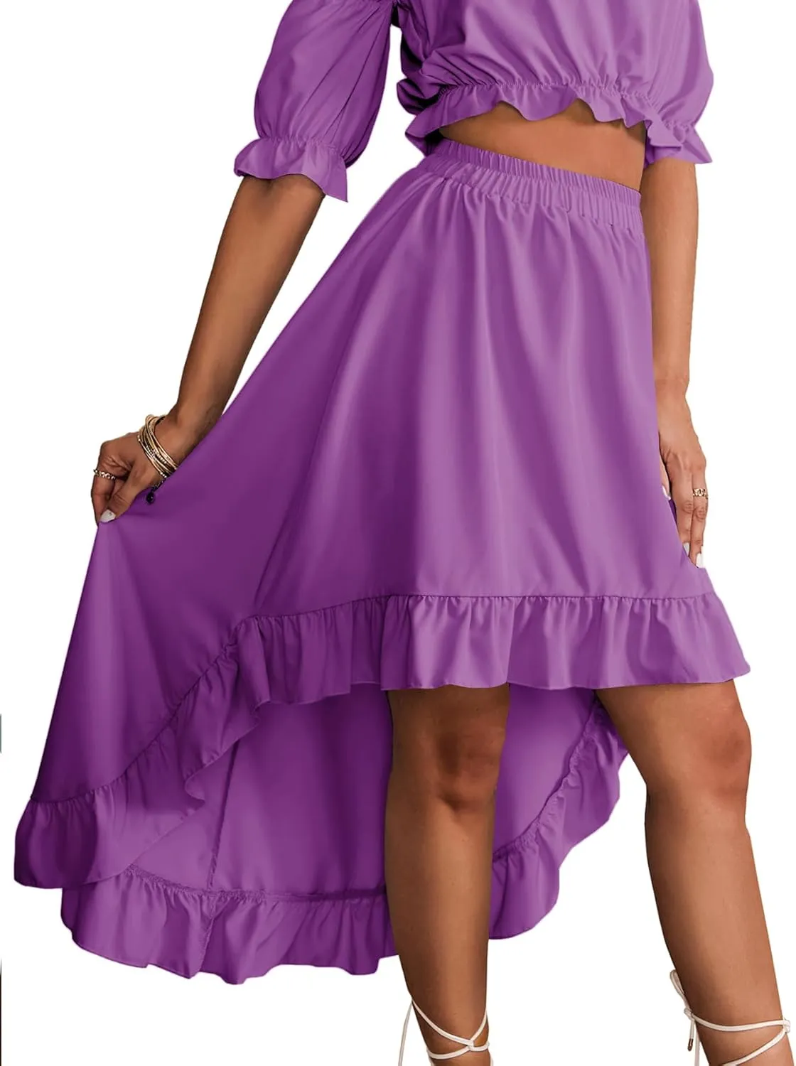 LYANER Women's Two Pieces Outfits Off Shoulder Crop Top and High Low Skirt Set