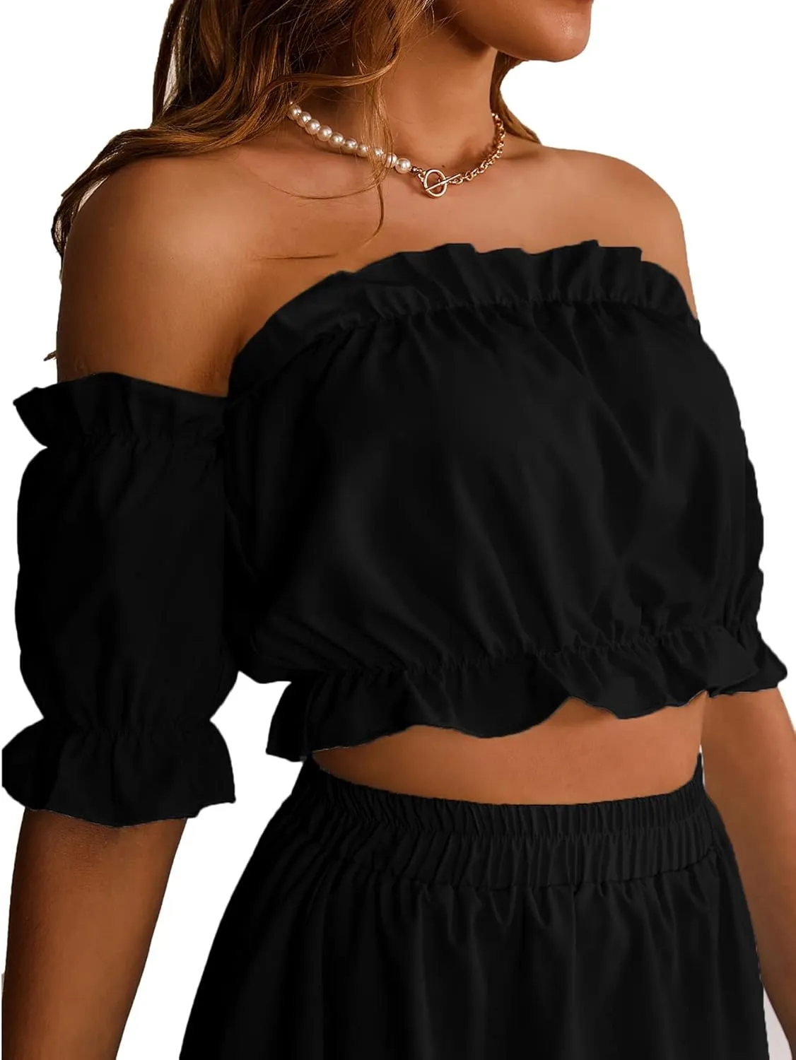 LYANER Women's Two Pieces Outfits Off Shoulder Crop Top and High Low Skirt Set