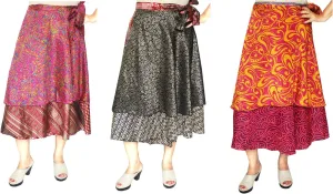 Maple Clothing Women's Indian Vintage Silk Sari Skirts Long Boho Two Layers Magic Wrap Around Skirt Multicolored Wholesale 3 Pcs Lot