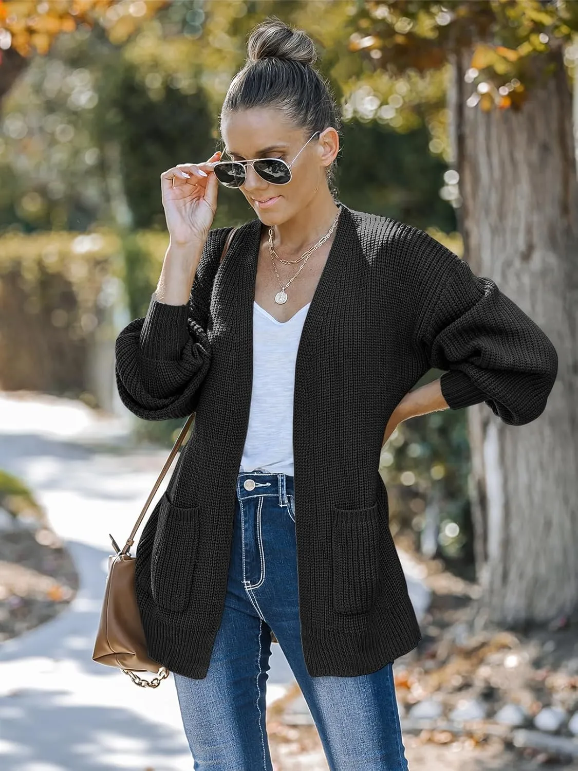 MEROKEETY Women's Fall Open Front Long Lantern Sleeve Cardigan Oversized Chunky Outwear with Pocket