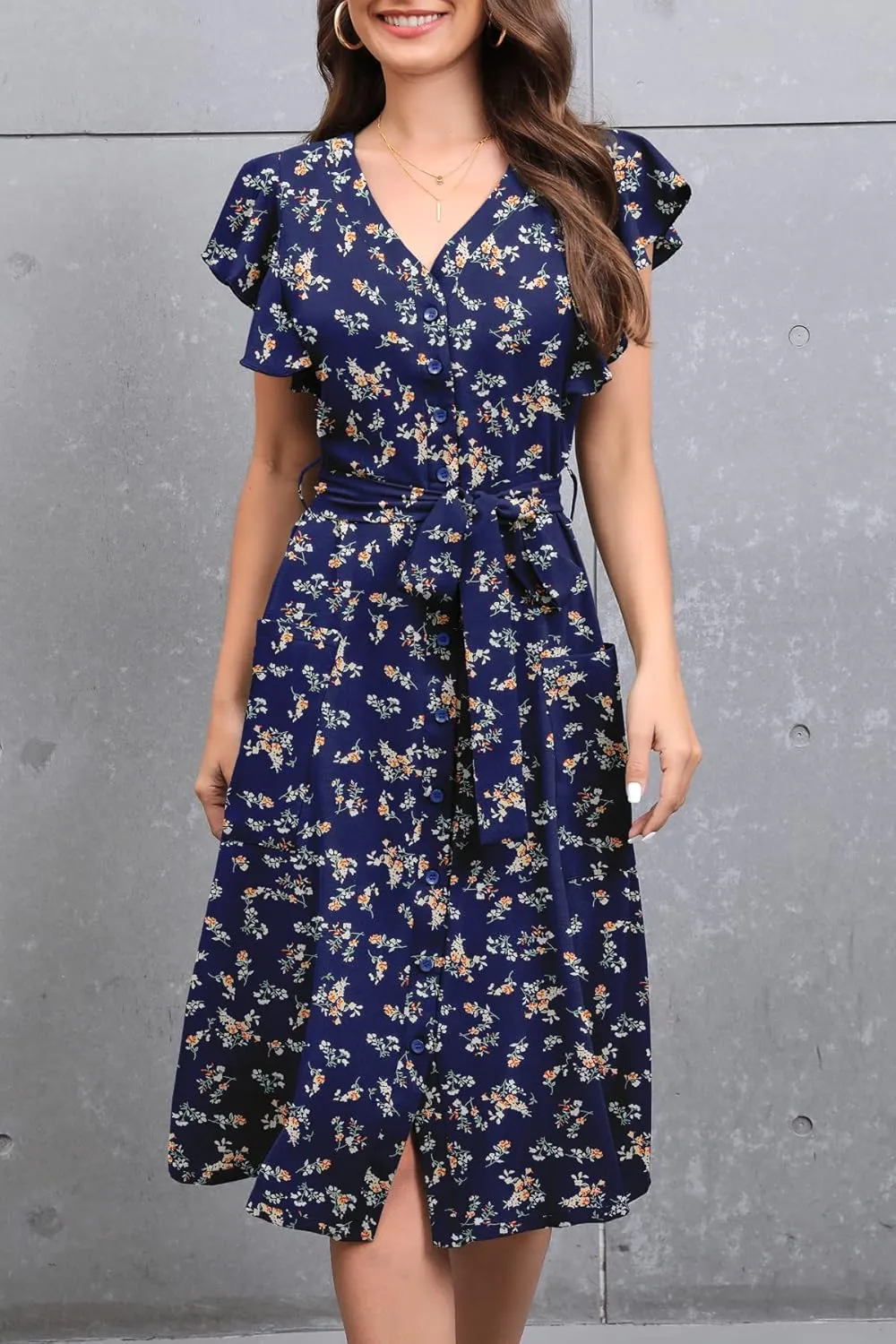 MITILLY Women's Boho Polka Dot Flutter Short Sleeve V Neck Button Down Swing Midi Dress with Pockets