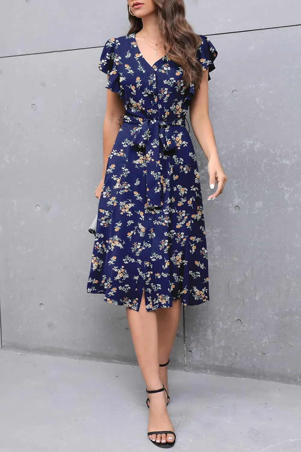 MITILLY Women's Boho Polka Dot Flutter Short Sleeve V Neck Button Down Swing Midi Dress with Pockets