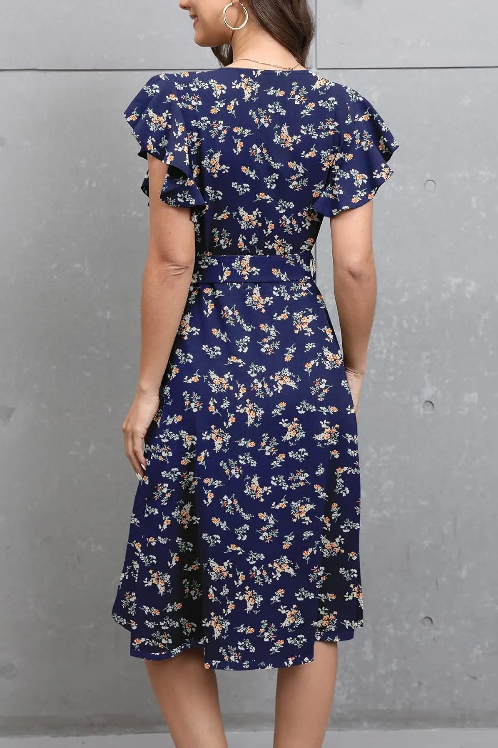 MITILLY Women's Boho Polka Dot Flutter Short Sleeve V Neck Button Down Swing Midi Dress with Pockets