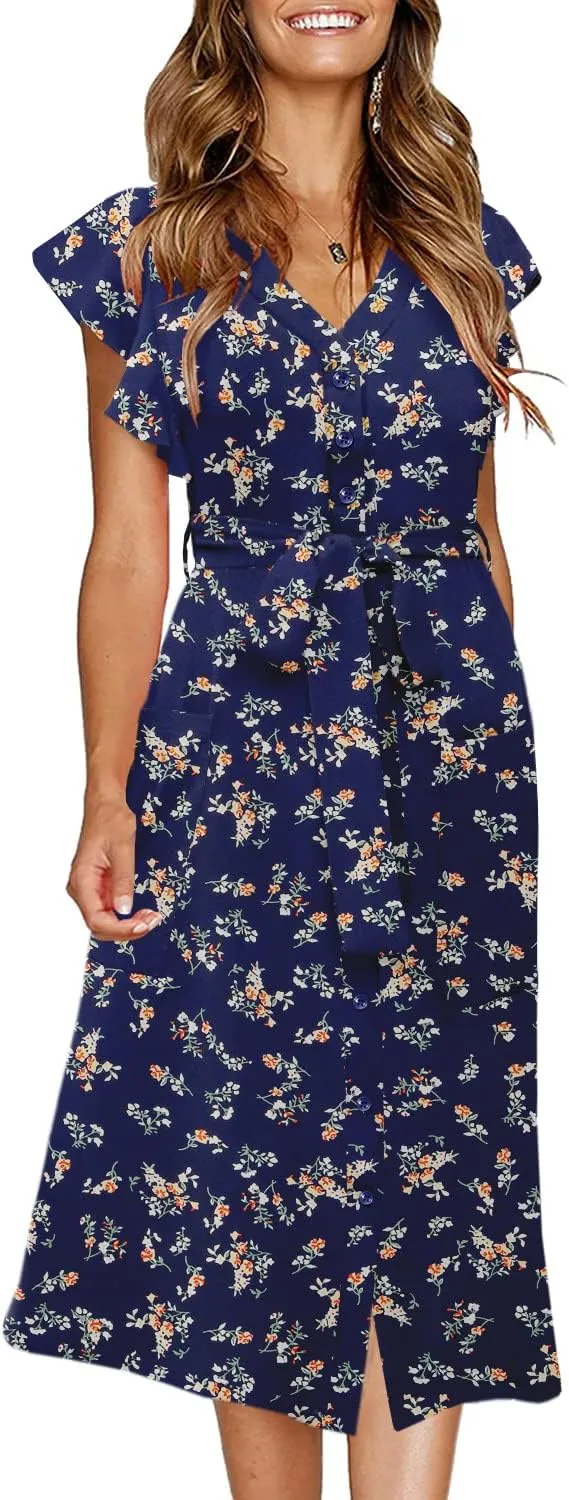 MITILLY Women's Boho Polka Dot Flutter Short Sleeve V Neck Button Down Swing Midi Dress with Pockets