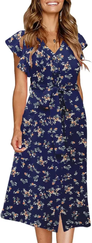MITILLY Women's Boho Polka Dot Flutter Short Sleeve V Neck Button Down Swing Midi Dress with Pockets
