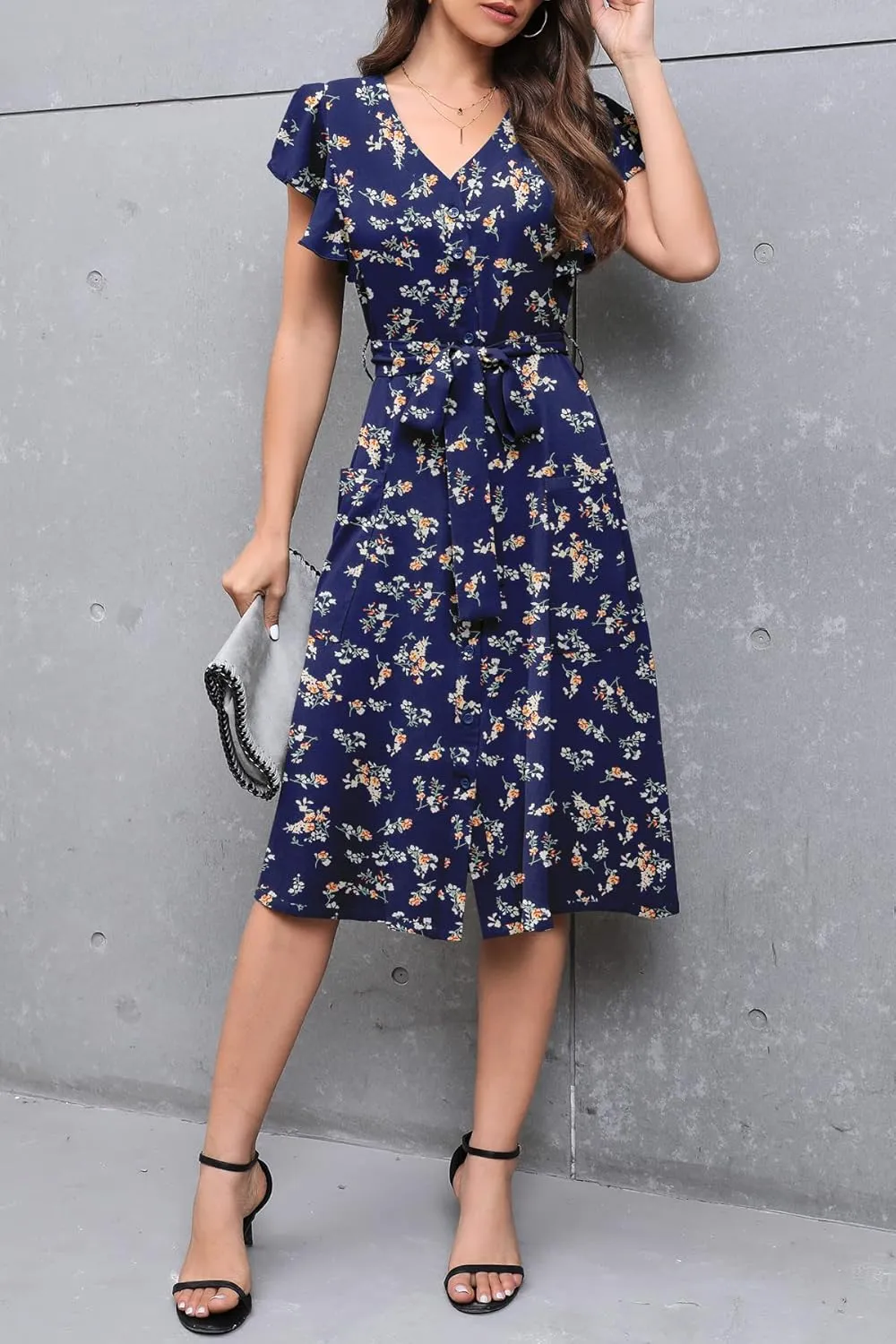 MITILLY Women's Boho Polka Dot Flutter Short Sleeve V Neck Button Down Swing Midi Dress with Pockets