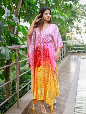 Multi Color Digital Bandhej Print Pure Gaji Silk Kaftan