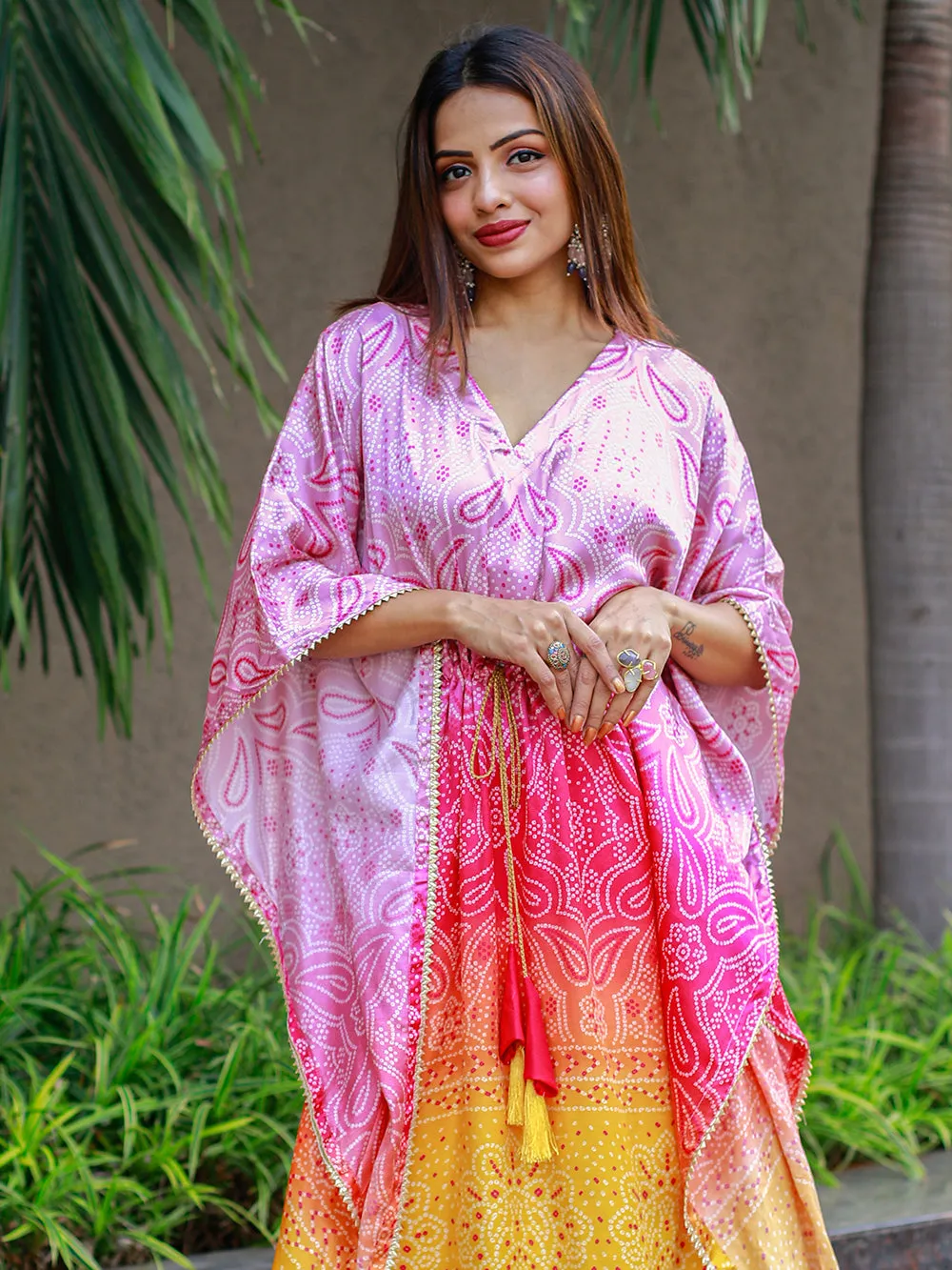 Multi Color Digital Bandhej Print Pure Gaji Silk Kaftan